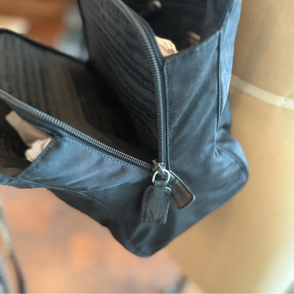 Prada Black Nylon Shoulder Bag w/ Silver and  Saffiano Black Leather Chain Strap - Picture 9 of 12